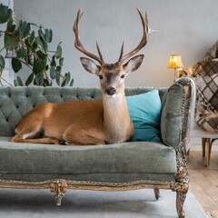 petit cerf allongé sur un canapé gris bleu dans un beau salon en ia - obrazy, fototapety, plakaty