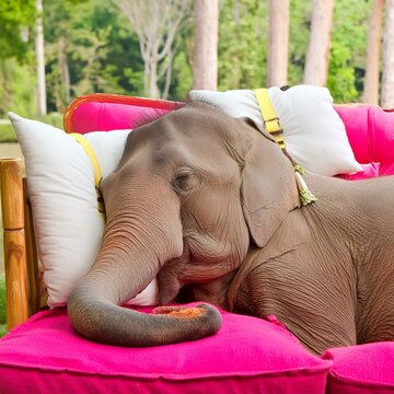  Portrait d'un &eacute;l&eacute;phant en train de faire la sieste sur un canap&eacute; moelleux en ia