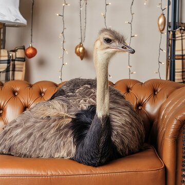 autruche install&eacute;e dans un canap&eacute; en cuir Chesterfield dans un salon en ia