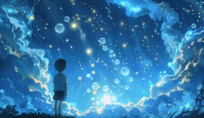 a cartoon of a boy looking at stars in the sky