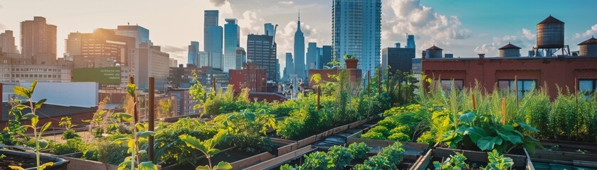 Fototapeta premium A lush rooftop garden in the middle of a big city with skyscrapers