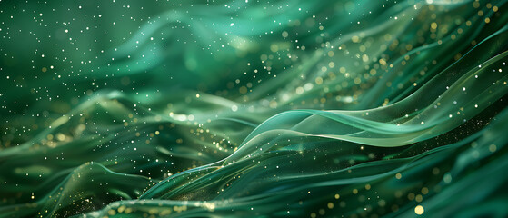 elegant green waves adorned with sparkling particles, creating a mesmerizing and luxurious visual effect
