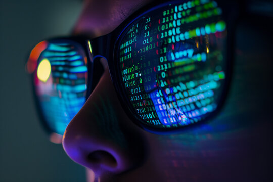 Ai generative image. Screen code reflections in eyeglasses
