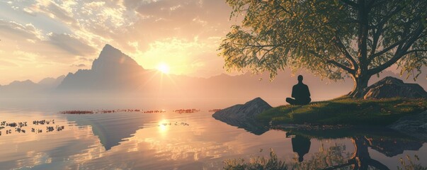 A monk sits in meditation under a tree by a lake as the sun sets.