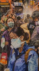 A painting of people wearing masks in a busy street with a bus in the background.