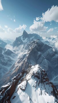 A mountain range covered in snow and ice with a blue sky and clouds in the background.