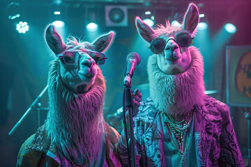 Fototapeta premium Two llamas, alpacas in glasses perform on stage with a microphone. The concept of humor, concert show. Generated by artificial intelligence