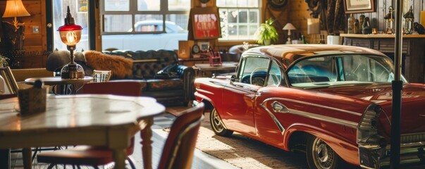 A red retro car is parked in a cozy cafe with vintage furniture and warm lighting.