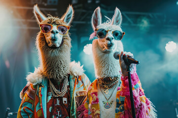 Fototapeta premium Two hippie llamas perform on stage with a microphone. The concept of humor, concert show. Generated by artificial intelligence