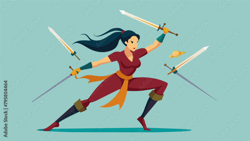 Poster a woman performing a breathtaking weapons routine using a combination of swords staffs and daggers w