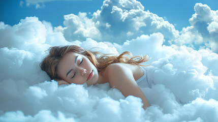 Image montage of a woman in nightwear sleeping on clouds
