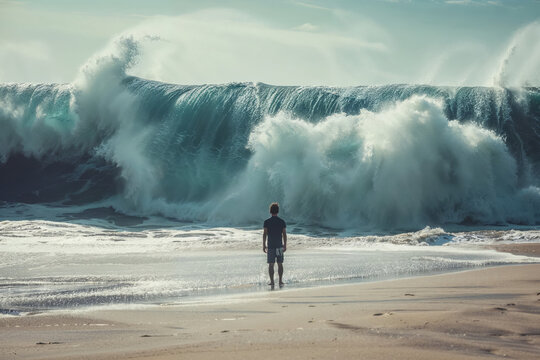 Man facing a massive wave on a summer beach. Generative AI image