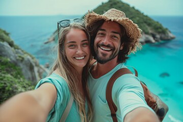 Energetic couple of travelers takes a selfie against the background of a majestic mountain and the ocean