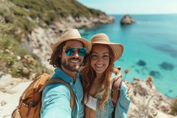 Energetic couple of travelers takes a selfie against the background of a majestic mountain and the ocean