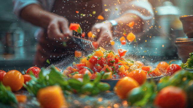 Chef preparing a tomato salad, crafting a dynamic composition of colors and flavors.