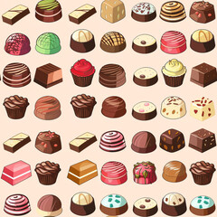 Seamless pattern of assorted bonbons and chocolates.