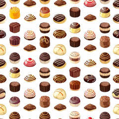 Fototapeta premium Seamless pattern of assorted bonbons and chocolates white background.