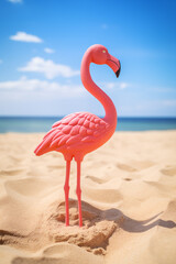 fake plastic pink flamingo on the beach