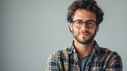 Obraz premium A man with glasses and a plaid shirt is smiling for the camera