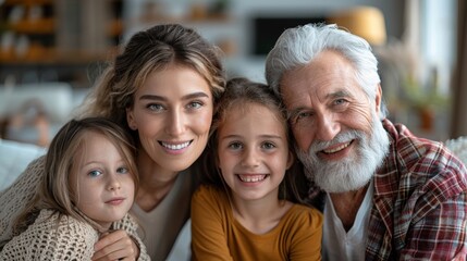 Fototapeta premium A family of four, including a grandfather, are posing for a photo