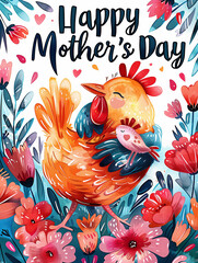 Fototapeta premium Mother's Day Card with Birds and Floral Background