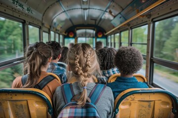 A group of students sit on a yellow school bus. The bus is full of students, and they are all wearing backpacks. Scene is cheerful and lively, as the students are enjoying their ride to school