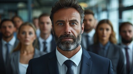 A man with a beard stands in front of a group of people wearing suits