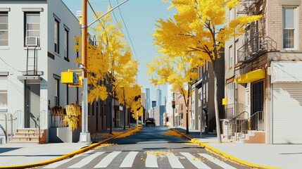 Autumn Street of Bronx. Trees with yellow foliage in the city of New York. An empty street in sunny weather.