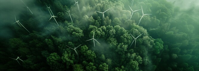 windmills in the forest, aerial view, top view, copy space. green ecology background, top view on the trees