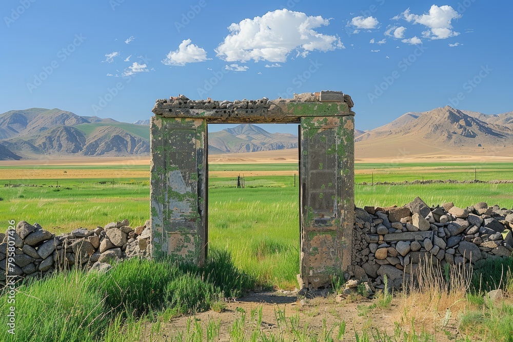 Poster a large stone archway is in the middle of a field. the archway is green and has a rustic appearance.