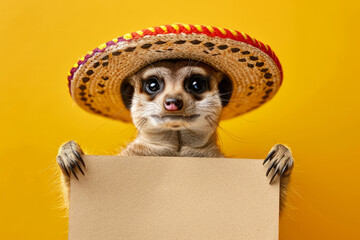 Meerkat wearing a mexican sombrero hat holding a blank notice sign