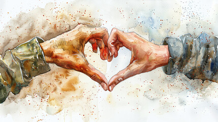 Watercolor painting of hands forming a heart together isolated against beige background