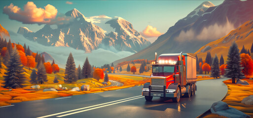 A truck drives a highway in the mountains. Autumn sunny day in the mountains. The truck rides along a winding mountain road.