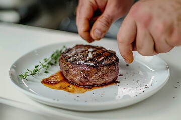A man is seasoning a piece of meat on a plate