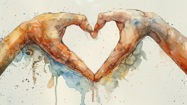 Watercolor painting of hands forming a heart together isolated against beige background