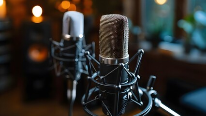Two microphones in a dark room ideal for podcast or interview settings. Concept Podcast Studio Setup, Dual Microphone Setup, Interview Setup, Dark Room Studio, Audio Recording Environment
