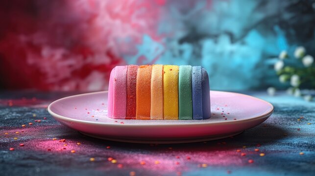 Colorful cakes on a pink plate on a dark blue background.