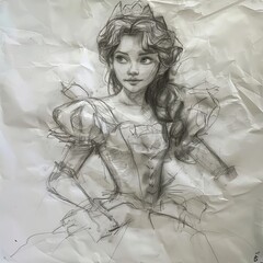 Child’s Pencil Drawing of a Princess on White Paper