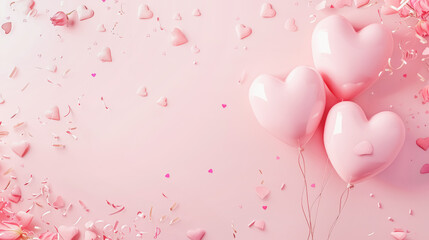 Pink heart-shaped balloons on a pink background. Confetti in the shape of hearts. - Powered by Adobe