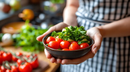 A person in a striped apron holding a bowl of vibrant tomatoes and leafy greens, ready for a healthy meal preparation - Generative AI