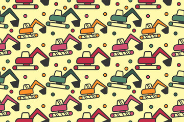 Seamless pattern with excavator design vector for kids, fabrics, nursery. Vector flat illustration on yellow background for baby, children's clothing, carpet