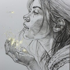 Glowing Release: A Detailed Pencil Sketch of a Woman Releasing Fireflies