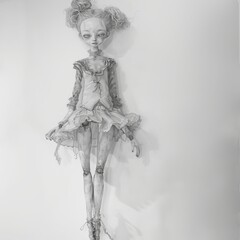 Elegant Pencil Drawing of a BJD Doll in Detailed Dress