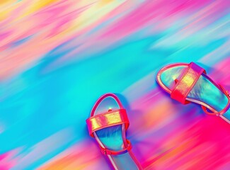 vibrant shiny neon beach concept: sandals on rainbow background. Summer holidays on seaside 