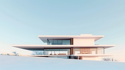 Describe an illustration featuring a 3D rendering of a sleek and modern minimalist house set against a pristine white background