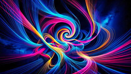 Abstract vortex of dynamic swirls in vibrant pinks, blues, yellows, evoking energy and inspiration.