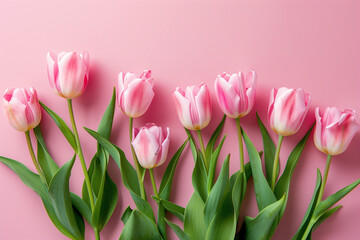 Fototapeta premium Pink tulips on pink background, copy space, spring, easter, mothers day , womens day background. High quality photo