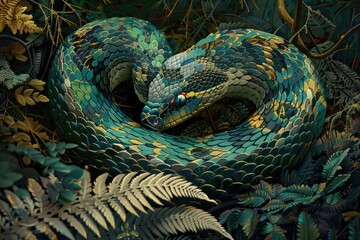 Obraz premium Ornate serpent illustration amidst a dense jungle setting implies mystery and nature