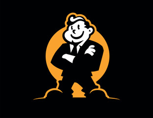 A successful man stands happy. The perfect man's logo. Black background.
