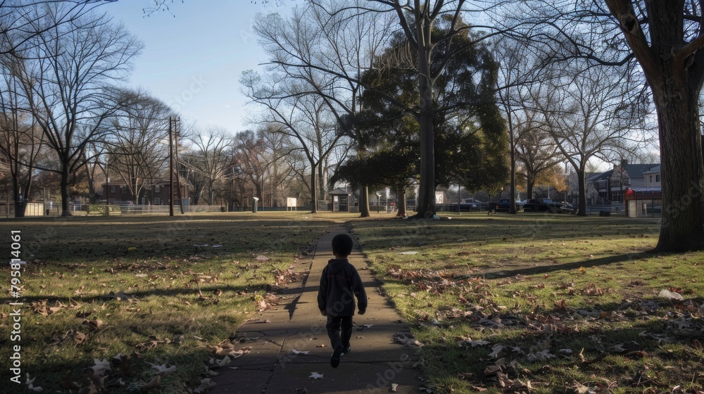 Poster a child playing in a park that was once the site of a protest and violent clashes between police and